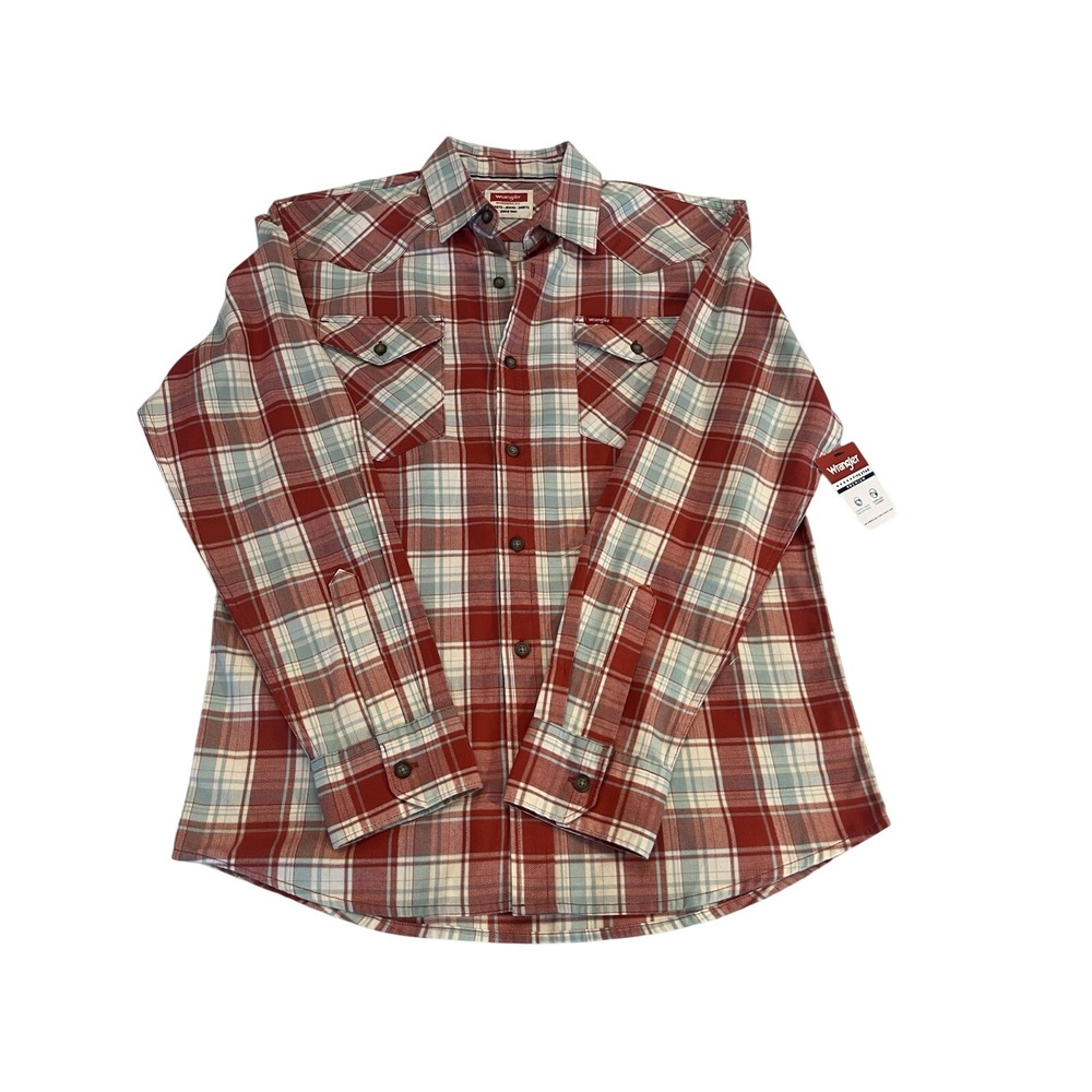 Wrangler Five Star Premium Men's Red White Blue Plaid Button-Up Shirt S Pockets